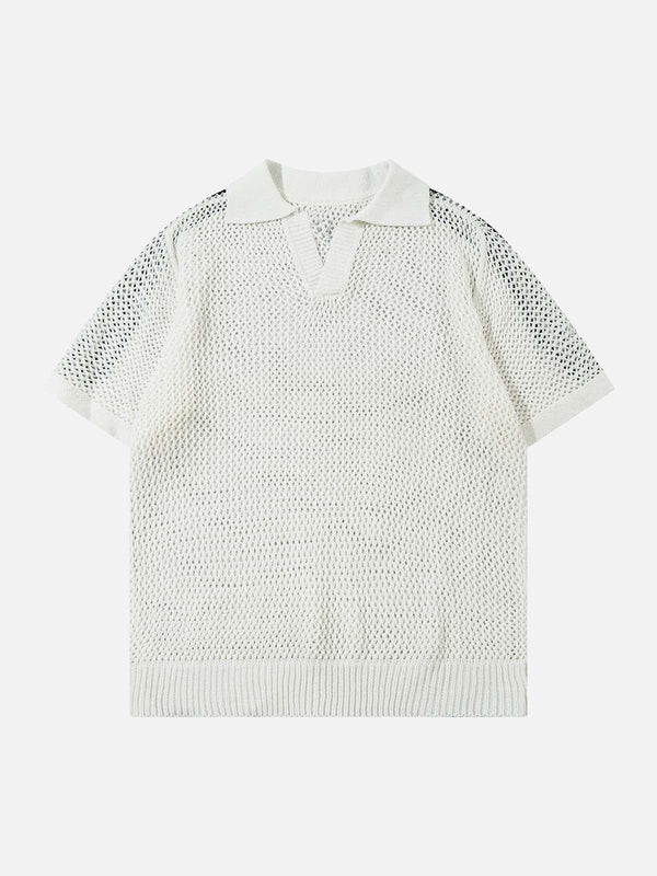 A stylish knitted short sleeve polo sweater by TALISHKO, showcasing a textured open-knit design.