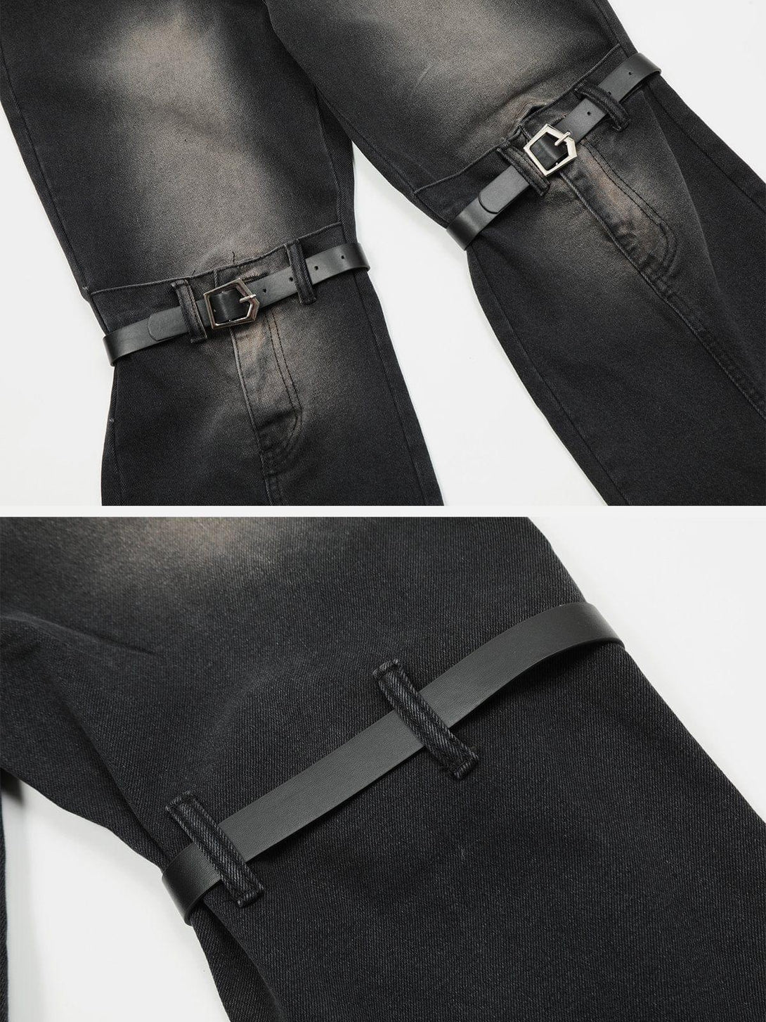 A detailed view of black jeans by TALISHKO, highlighting unique buckle strap details.