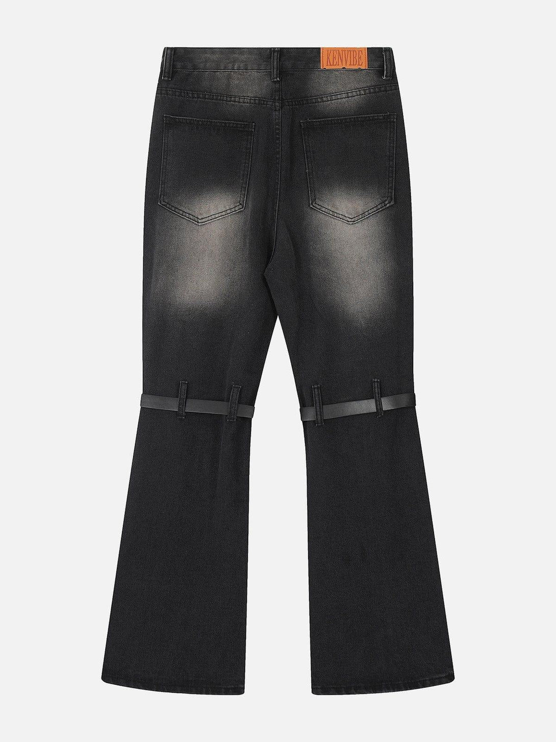 Back view of black lace-up wash jeans by TALISHKO, featuring unique buckle strap details.