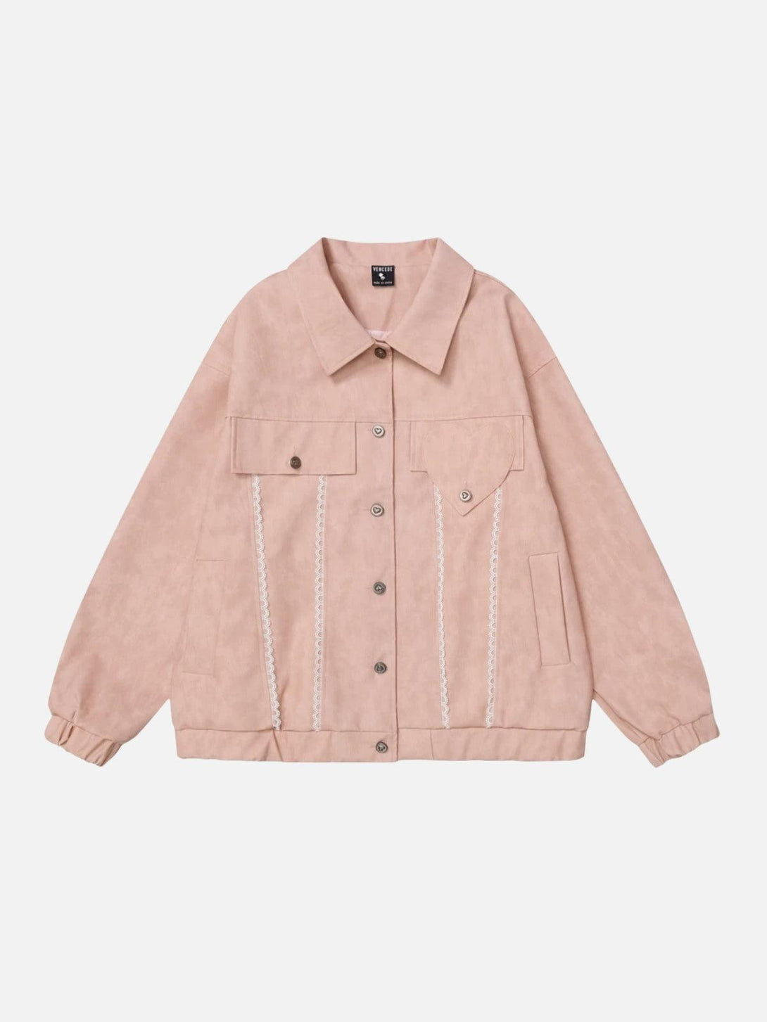Soft pink faux leather jacket with lace trim details, designed by TALISHKO, front view.