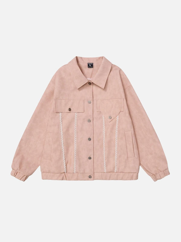 Soft pink faux leather jacket with lace trim details, designed by TALISHKO, front view.