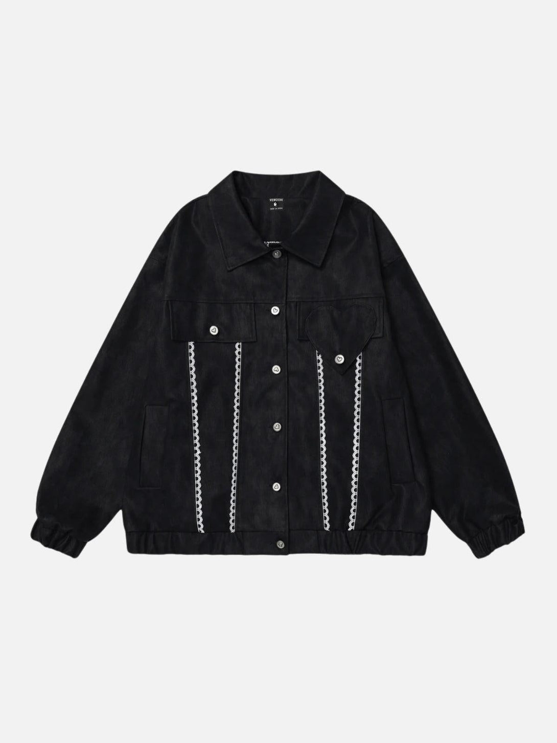 Black faux leather jacket with lace detailing, front view by TALISHKO.