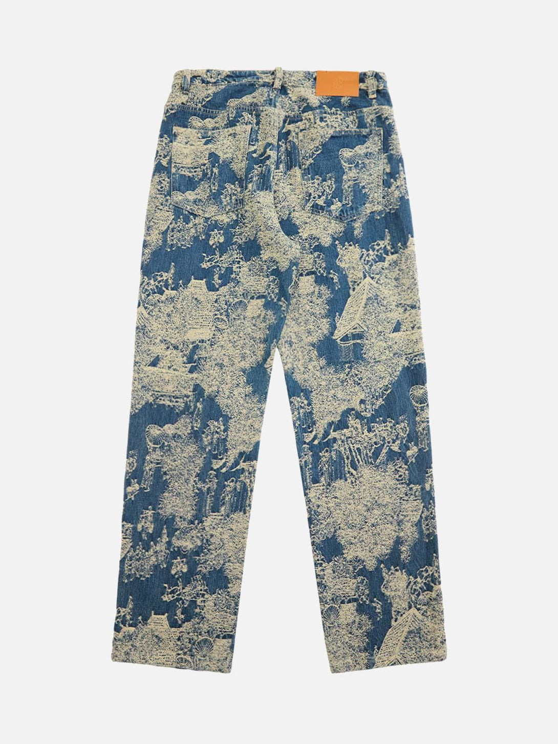 TALISHKO jeans with intricate landscape jacquard design, showcasing the back view.