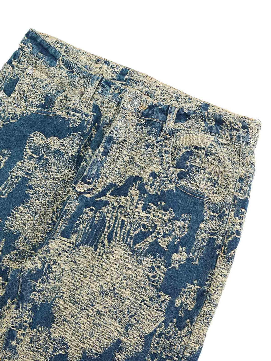 Intricate look at TALISHKO's landscape jacquard pattern on straight jeans, detailed texture view.