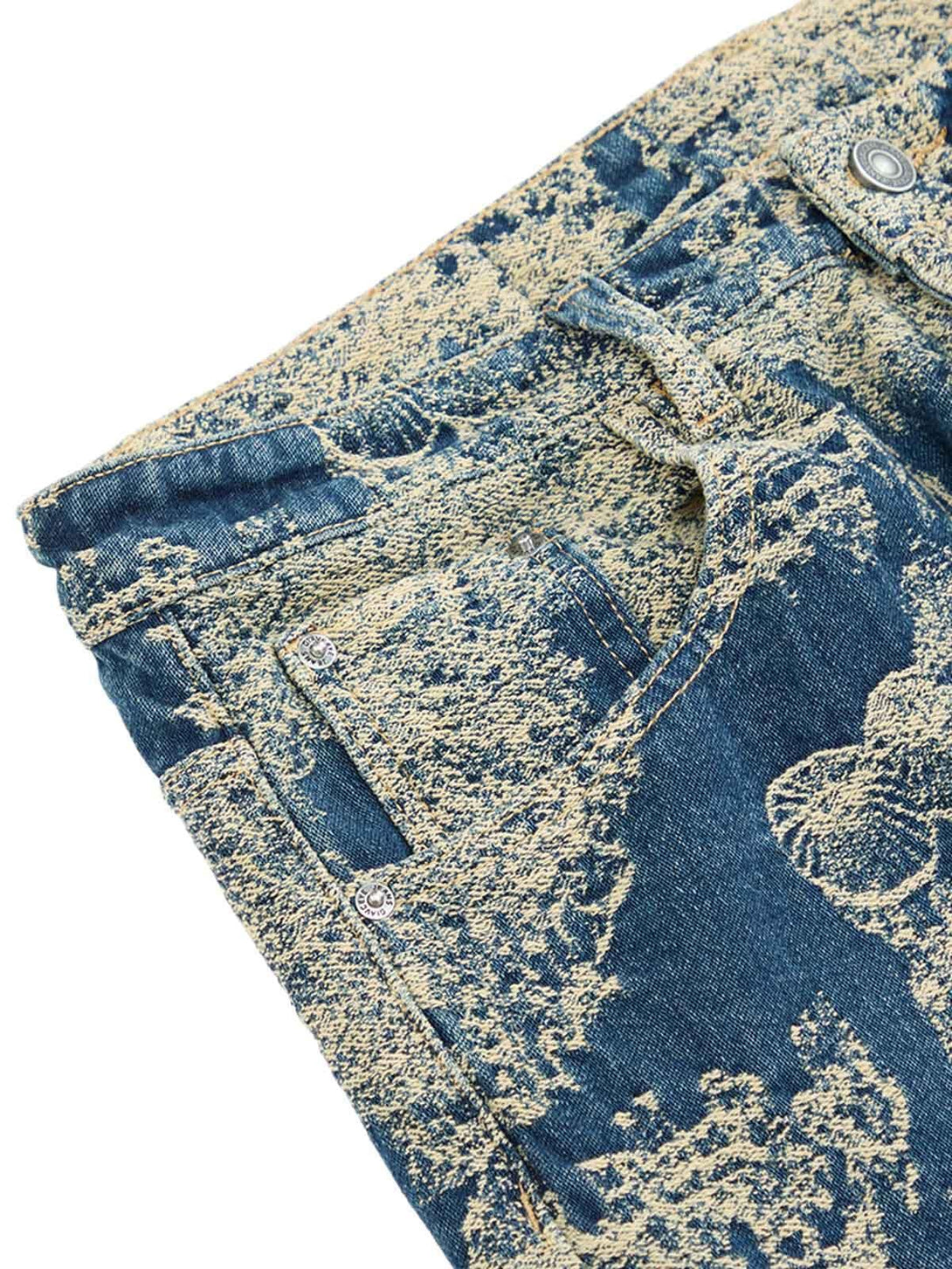 A textured close-up of TALISHKO's landscape jacquard design on straight jeans, highlighting unique detail.