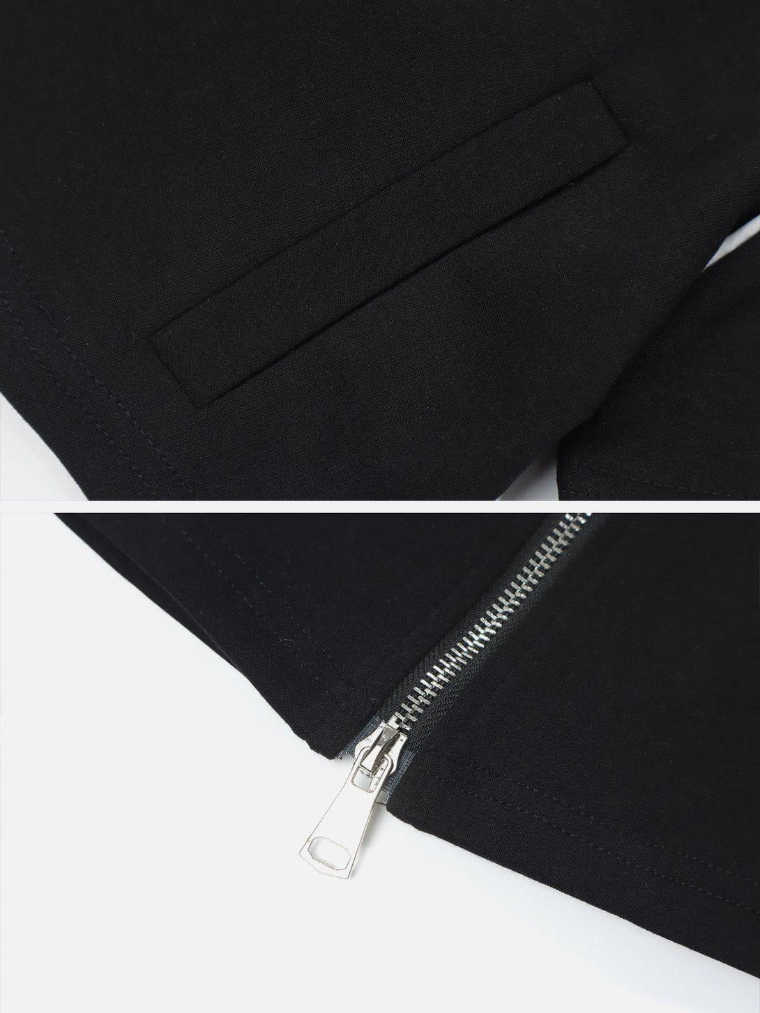 Intricate look at TALISHKO's black tee, featuring a sleek zipper and subtle pocket detail.