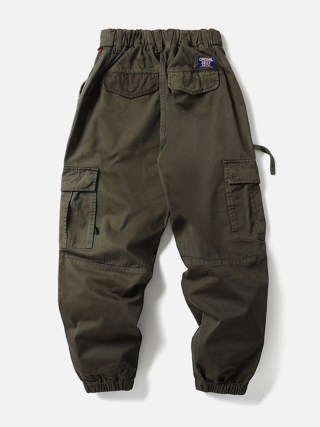 Back view of TALISHKO olive cargo pants featuring multiple pockets and elastic cuffs.