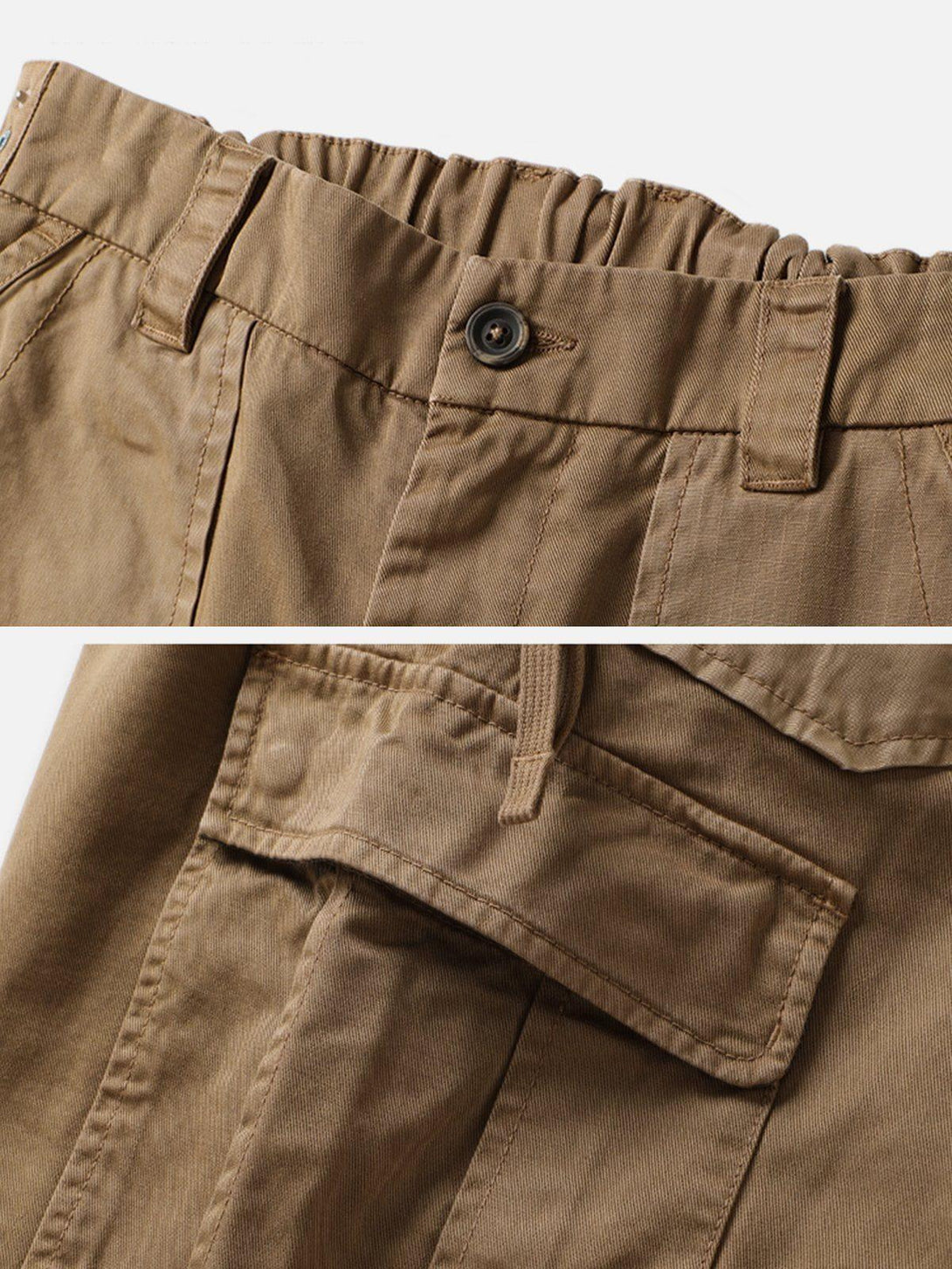 Intricate look at TALISHKO cargo pants, highlighting button detail and pocket design.