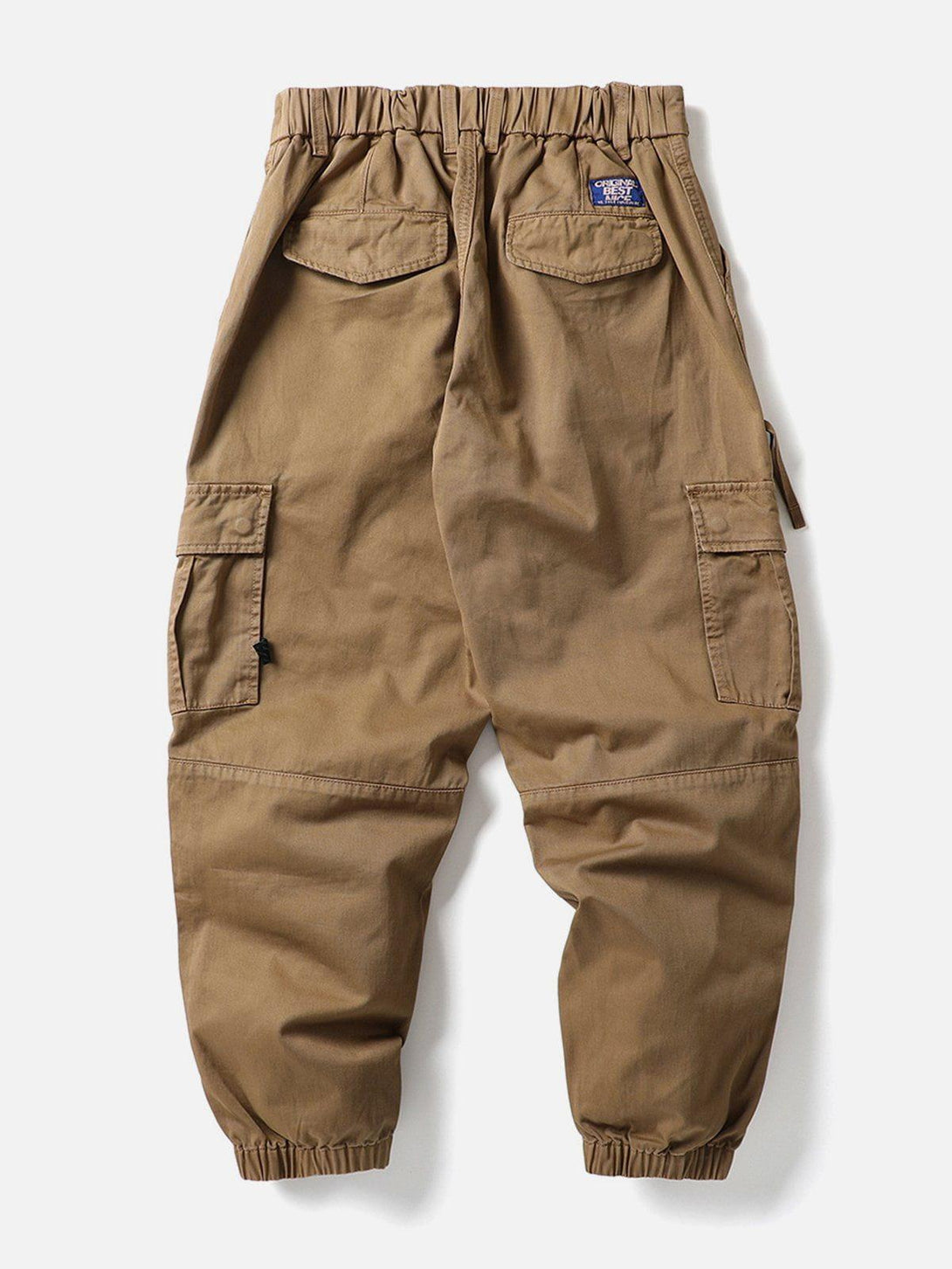 Back view of TALISHKO khaki cargo pants with elastic cuffs and multiple pockets.
