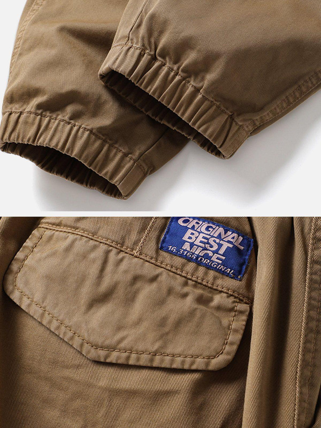 A detailed view of TALISHKO cargo pants, showcasing elastic cuffs and pocket design.