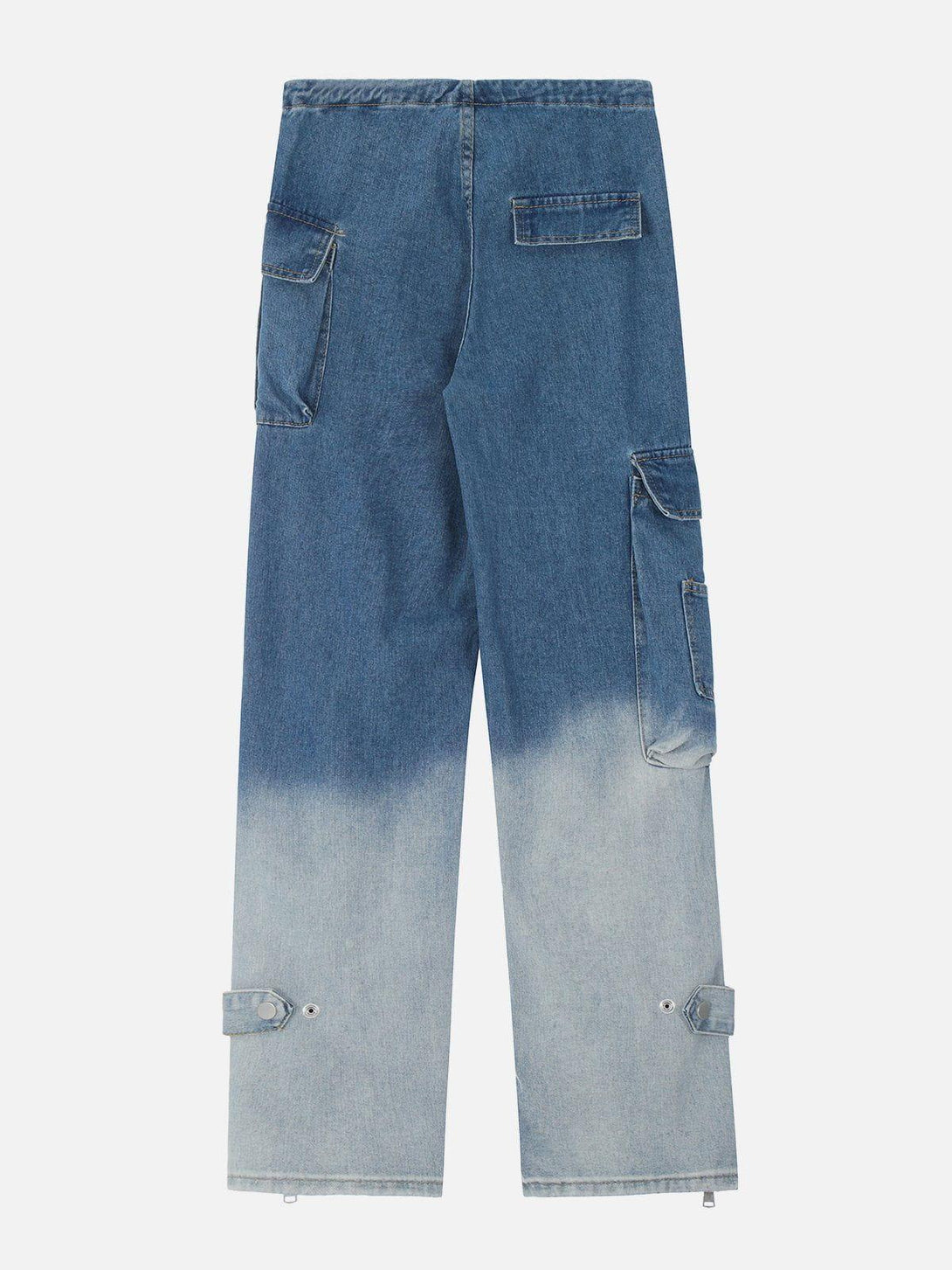 Back view of TALISHKO gradient jeans featuring large pockets and a unique ombre design.