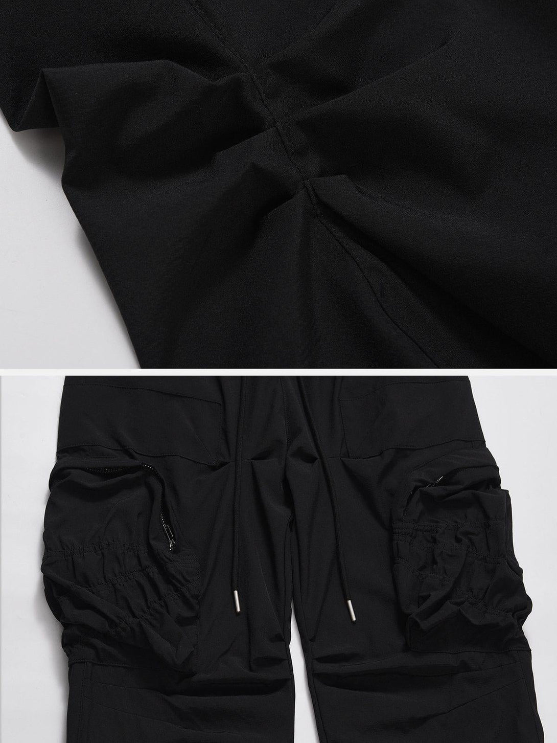 A detailed view of TALISHKO wrinkle cargo pants, highlighting large pockets and texture.