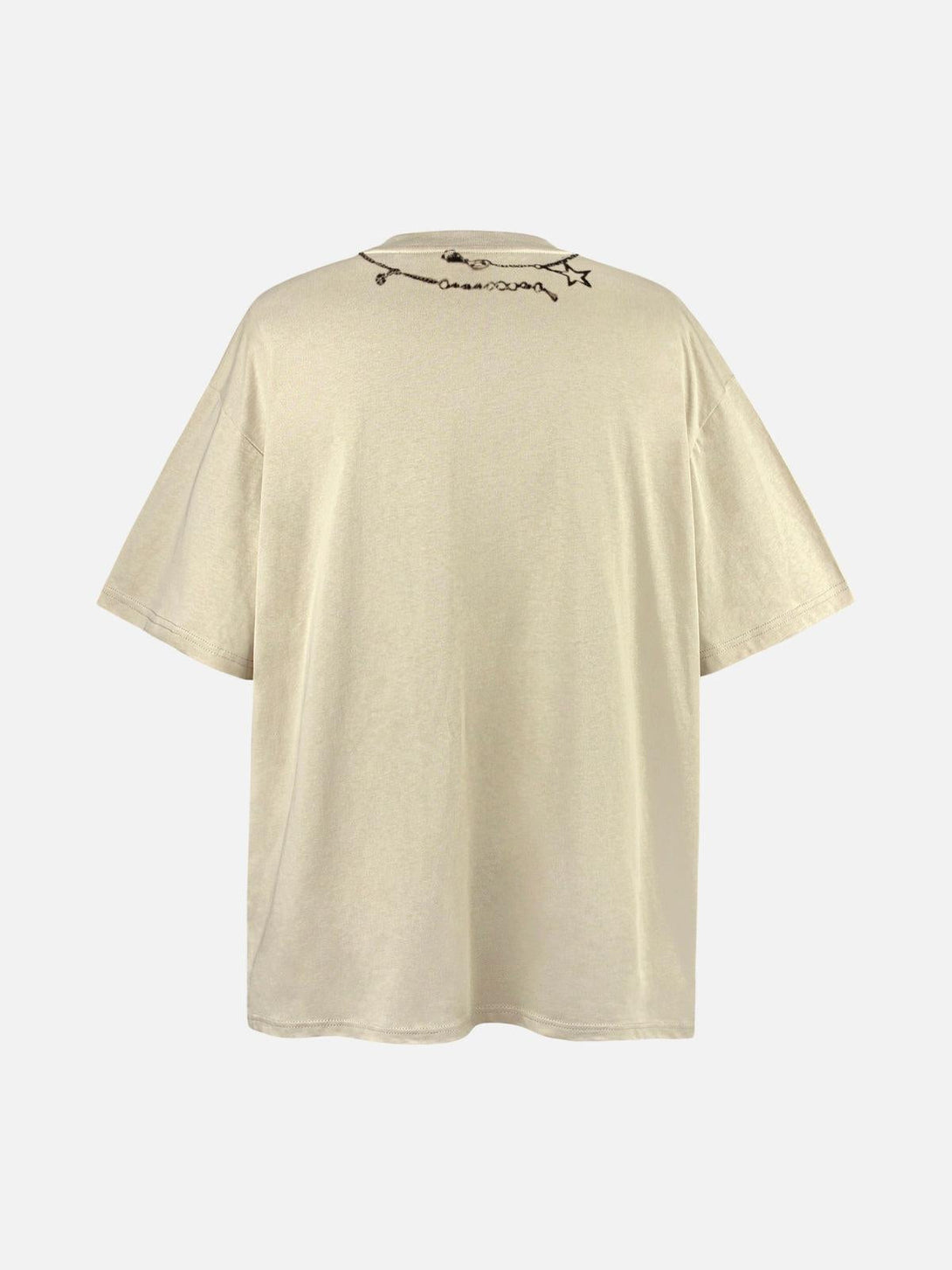 Back view of TALISHKO tee with layered chains graphic, showcasing relaxed summer style.