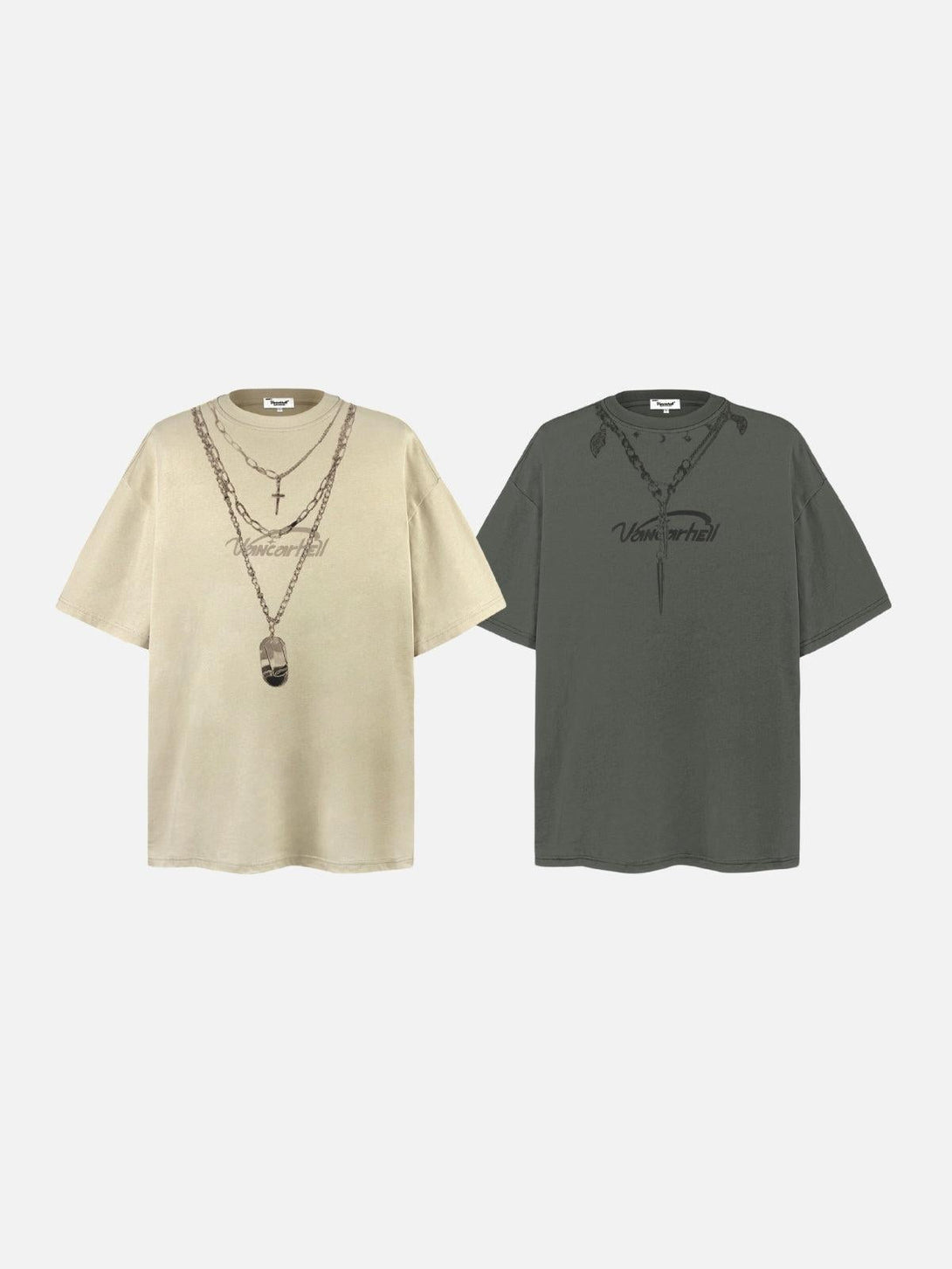 Two layered chain graphic tees by TALISHKO, showcasing trendy summer fashion in beige and gray.
