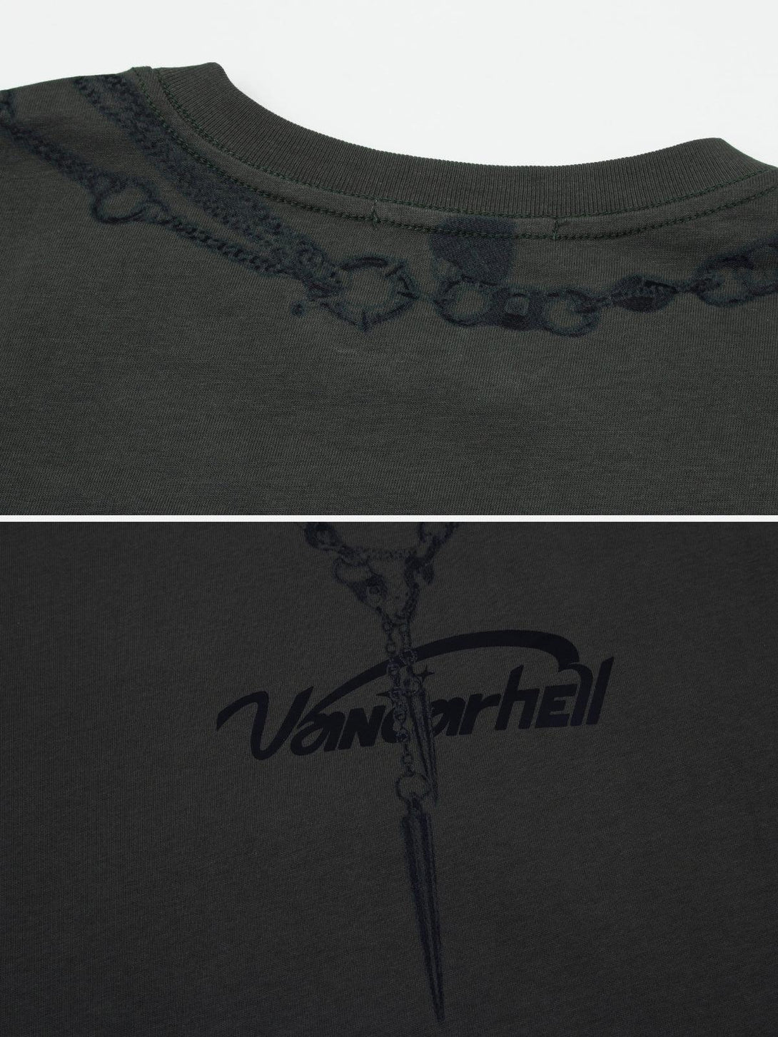 Intricate look at chain graphic details on TALISHKO tee, highlighting edgy design elements.