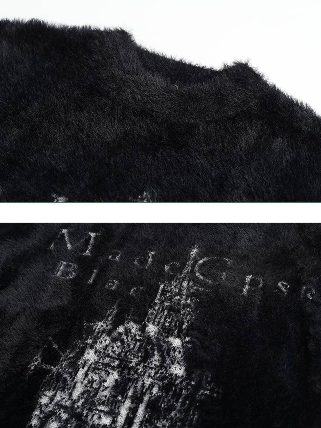 Focusing on the plush texture of TALISHKO's sweater, with a striking print detail.