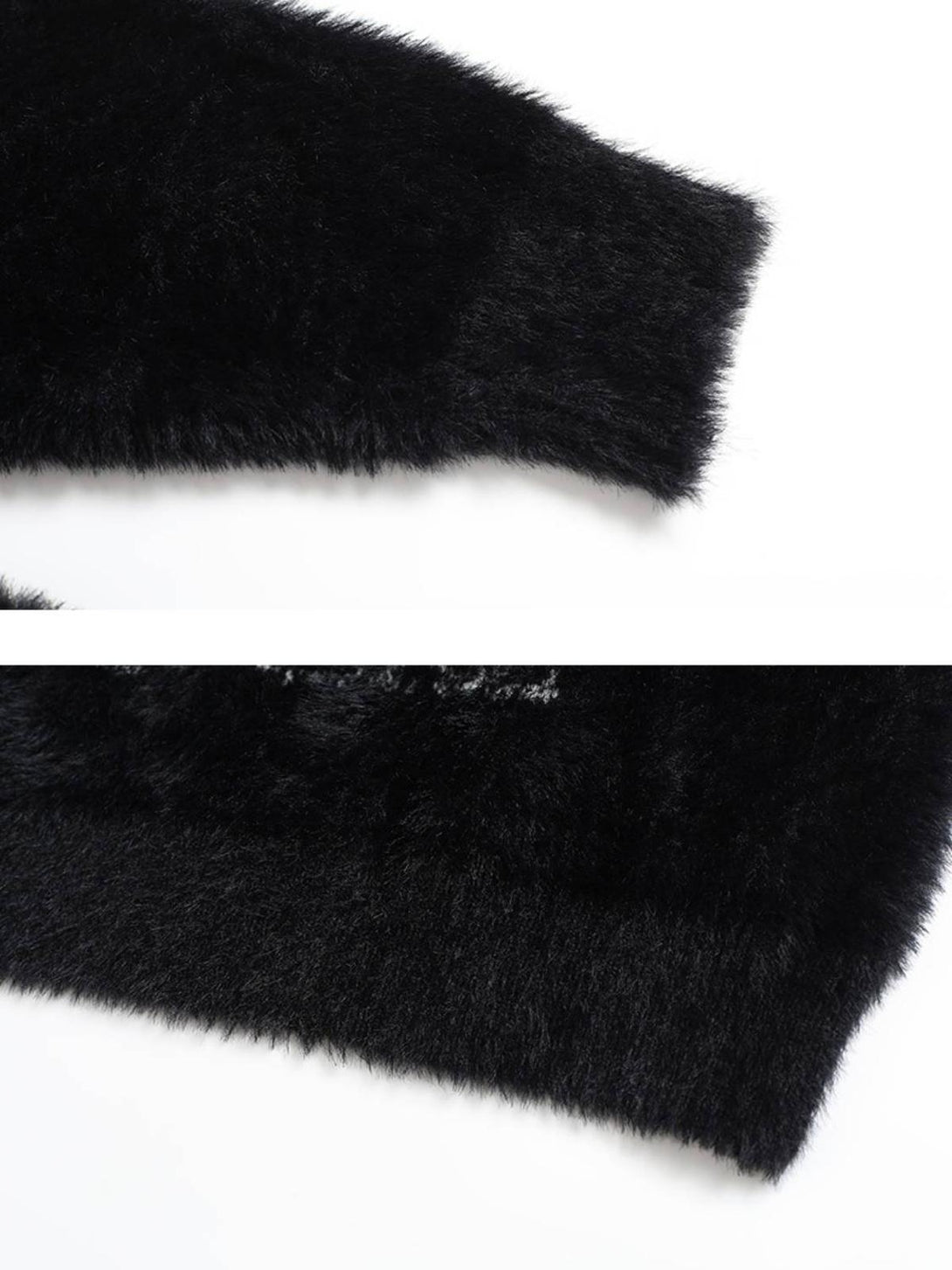 A detailed view of TALISHKO's black sweater, emphasizing its soft velvet texture.