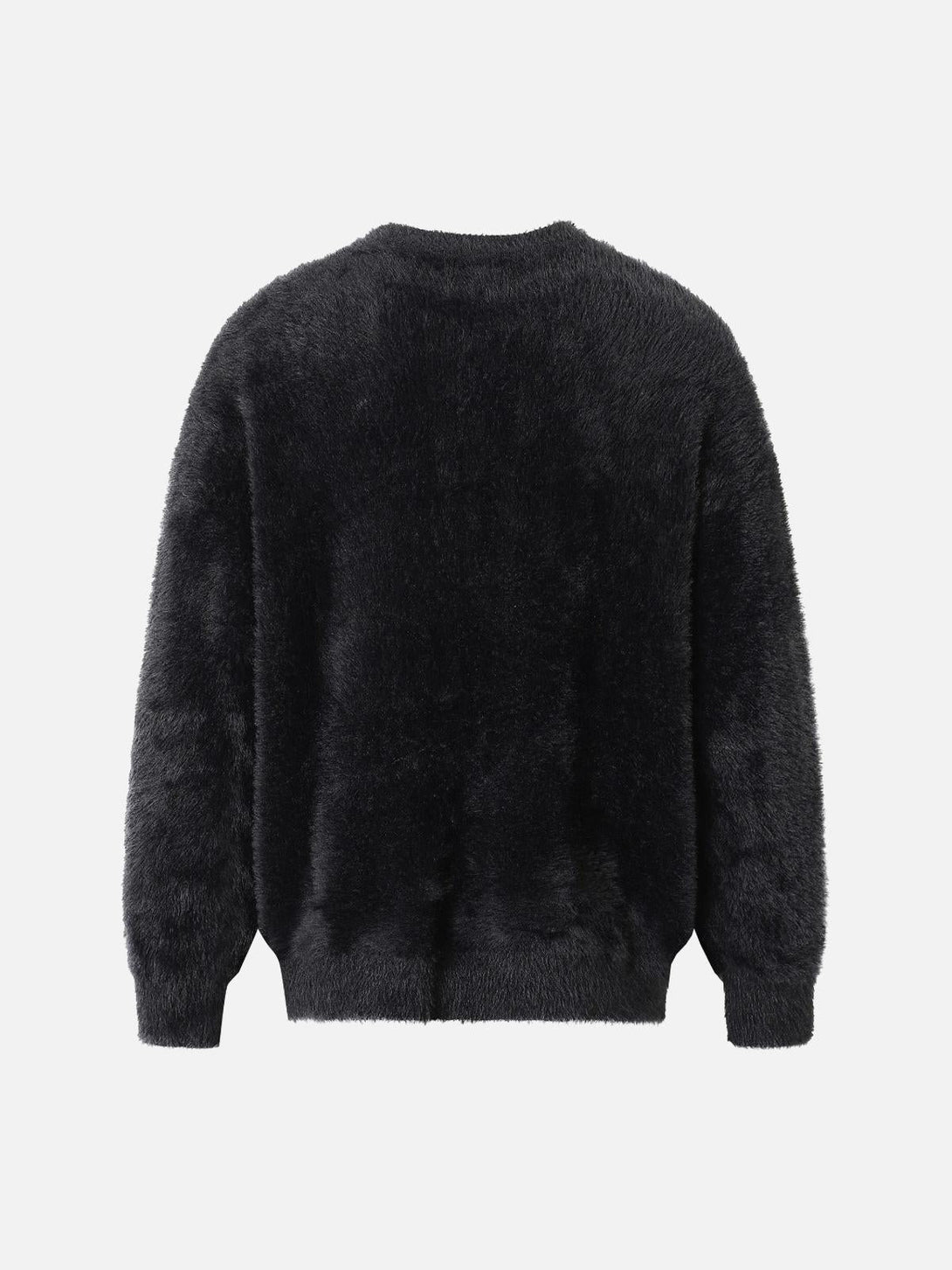 Back view of a cozy black sweater by TALISHKO, showcasing its plush velvet texture.