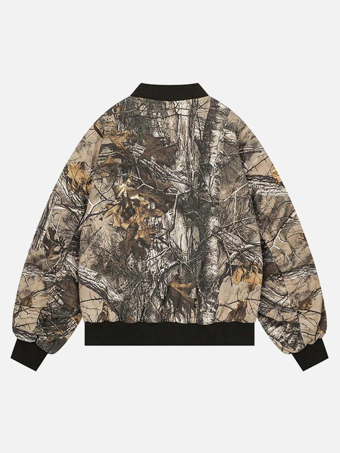 Back view of TALISHKO leaf camouflage bomber jacket showcasing earthy tones and rugged style.