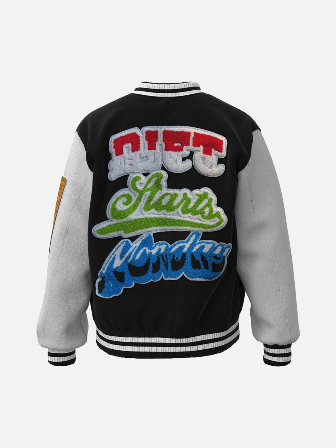 Back view of TALISHKO bomber jacket featuring vibrant embroidered lettering on black fabric.