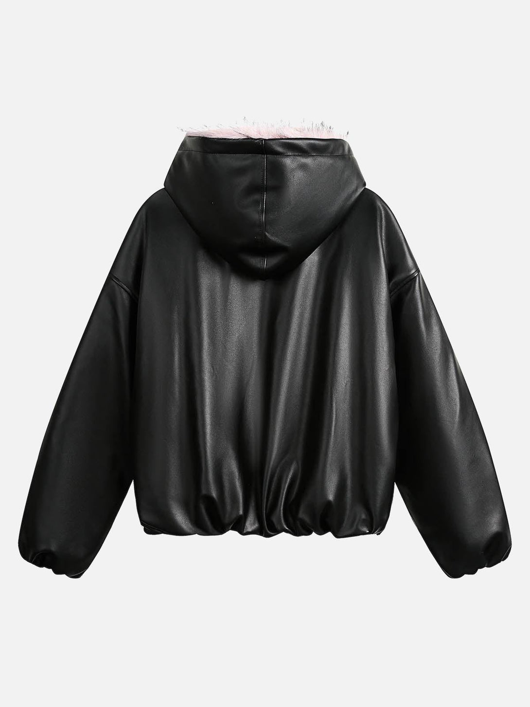 Back view of TALISHKO's black leather jacket with a pink fur hood, highlighting its chic design.