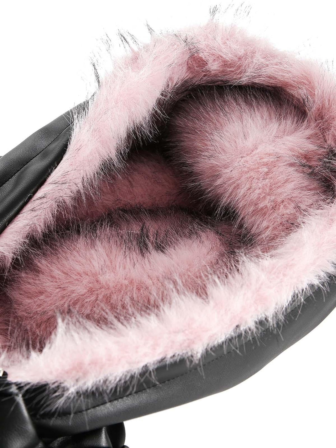 A close-up of the pink fur lining in TALISHKO's black leather quilted jacket hood.