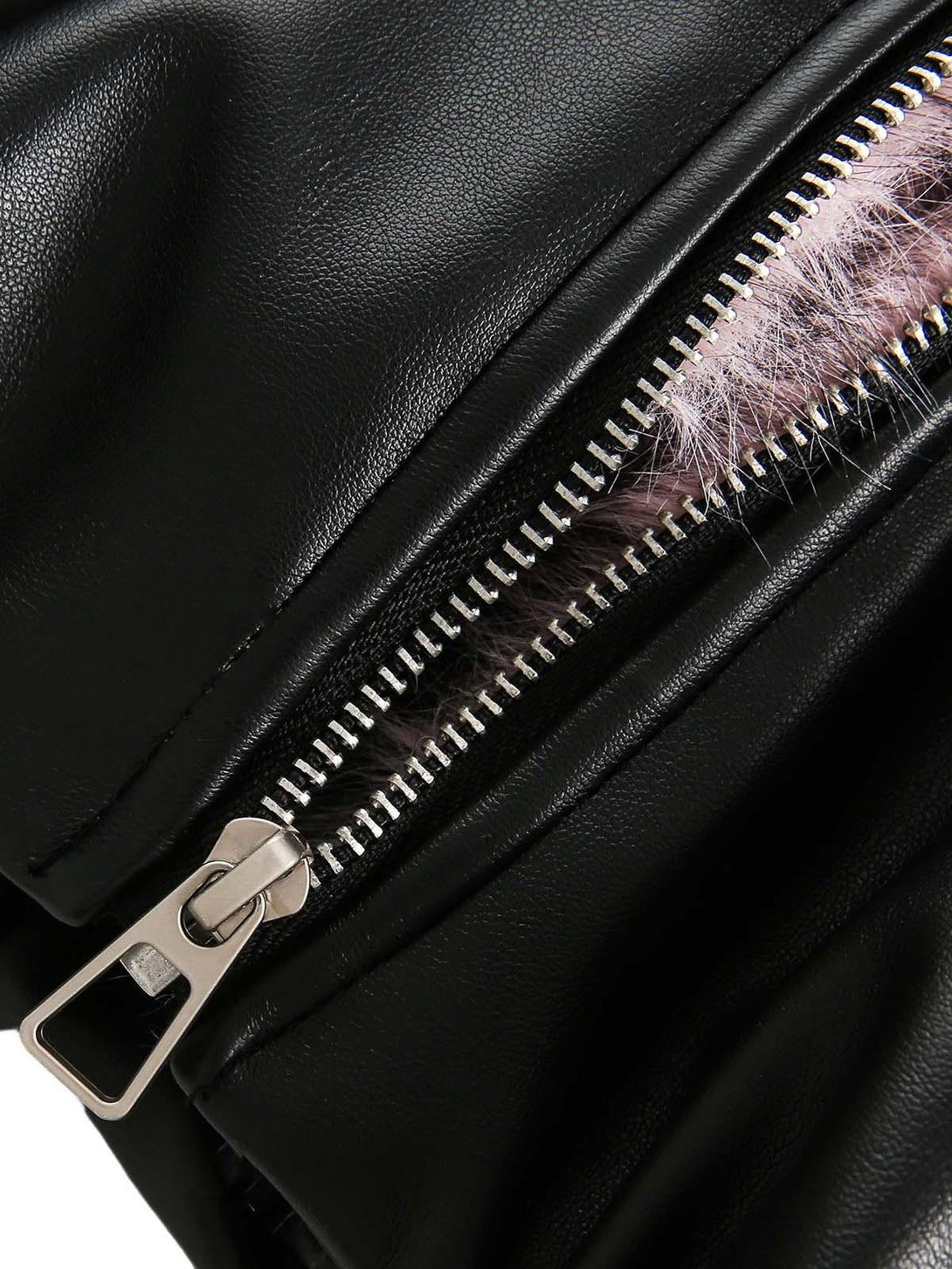 Detailed look at TALISHKO's black leather jacket zipper, revealing pink fur lining.