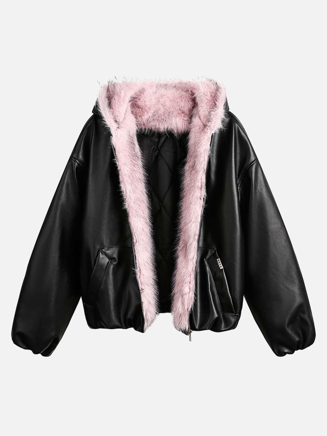 TALISHKO jacket with pink fur hood and quilted black leather, showcasing unique style.