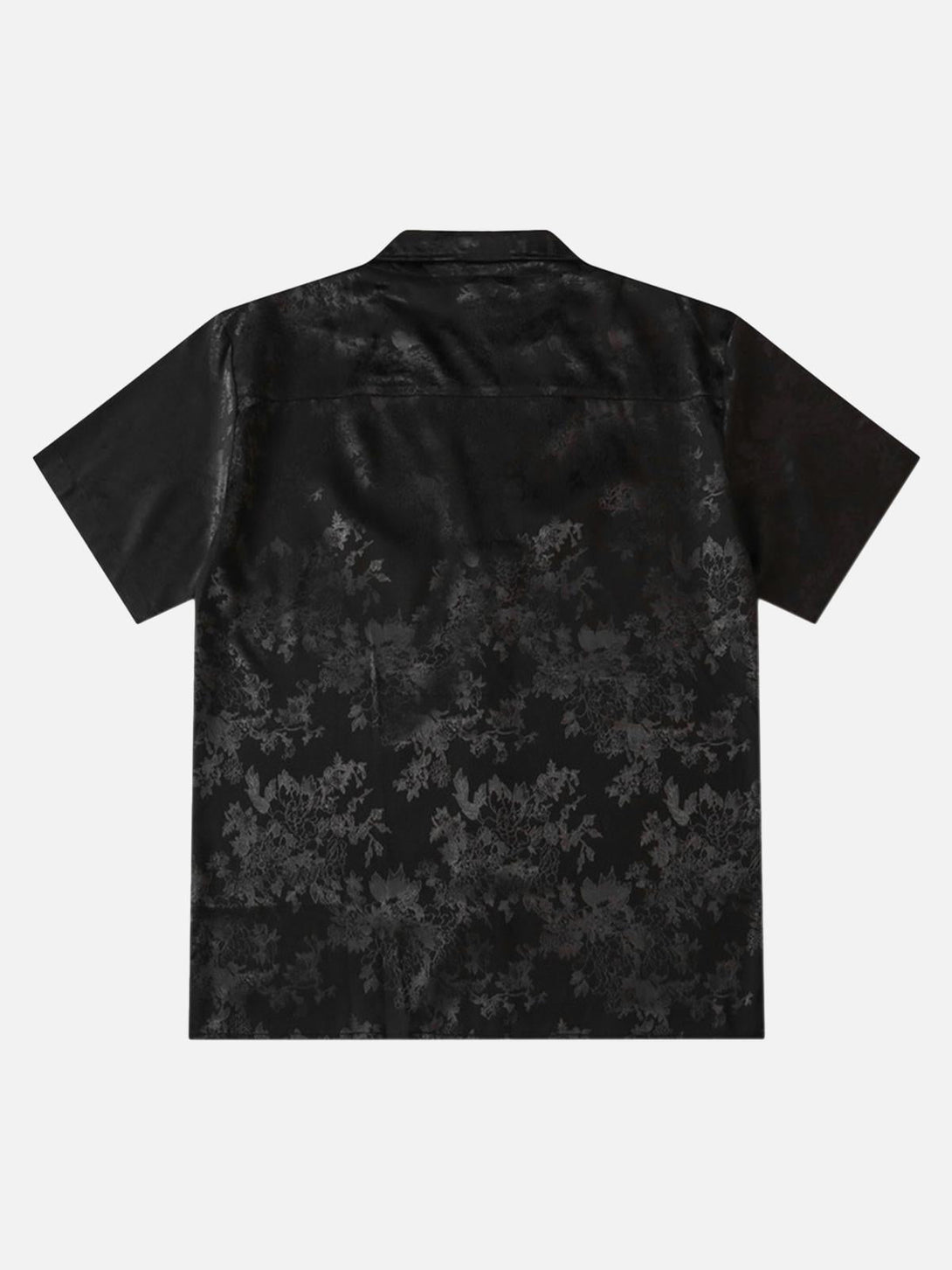 Back view of TALISHKO vintage shirt in black, featuring a subtle leaf pattern for stylish flair.