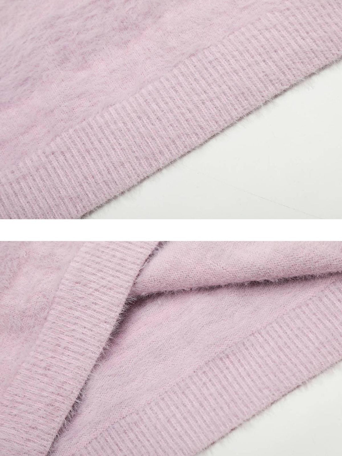 Detailed fabric and stitching of a pink TALISHKO sweater, highlighting its soft texture.