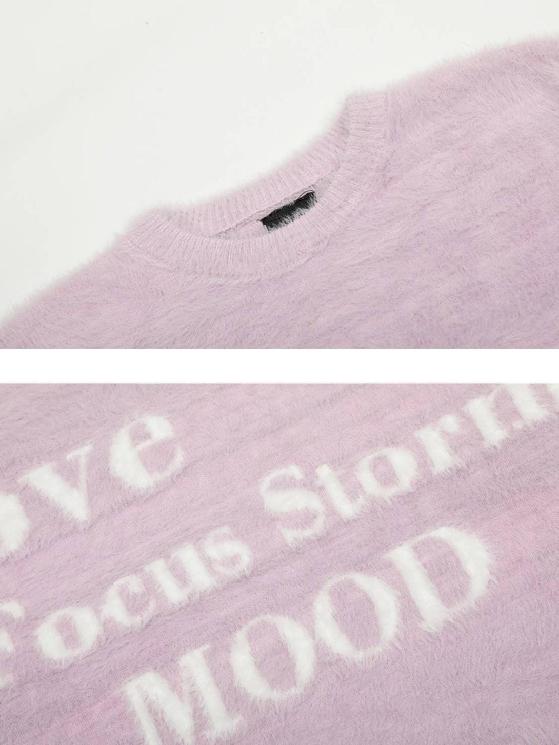 Detailed view of a pink TALISHKO sweater, showcasing soft texture and stylish white lettering.