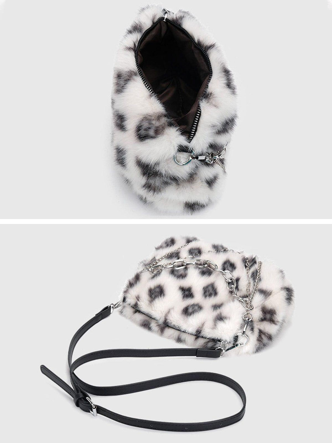 A detailed view of a leopard fleece chain bag by TALISHKO, highlighting its plush texture.