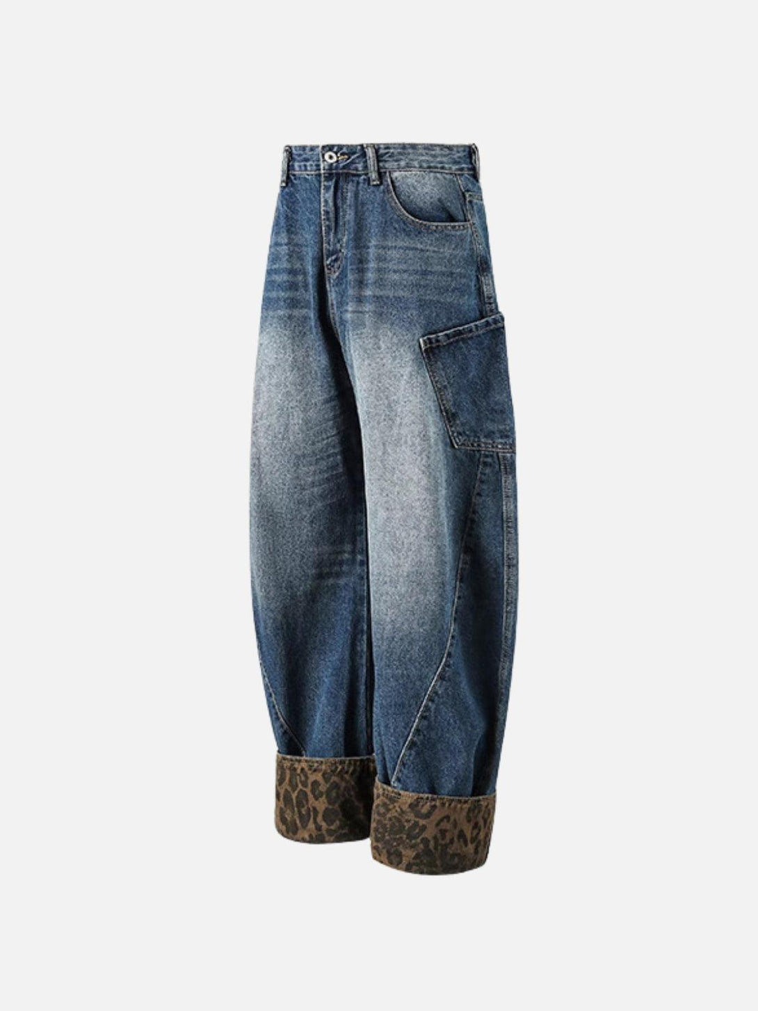 Leopard print cuff jeans by TALISHKO, featuring a trendy barrel fit and stylish details.