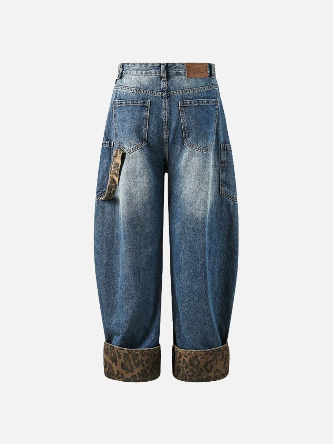 Back view of TALISHKO jeans with leopard print cuffs and a relaxed barrel fit.