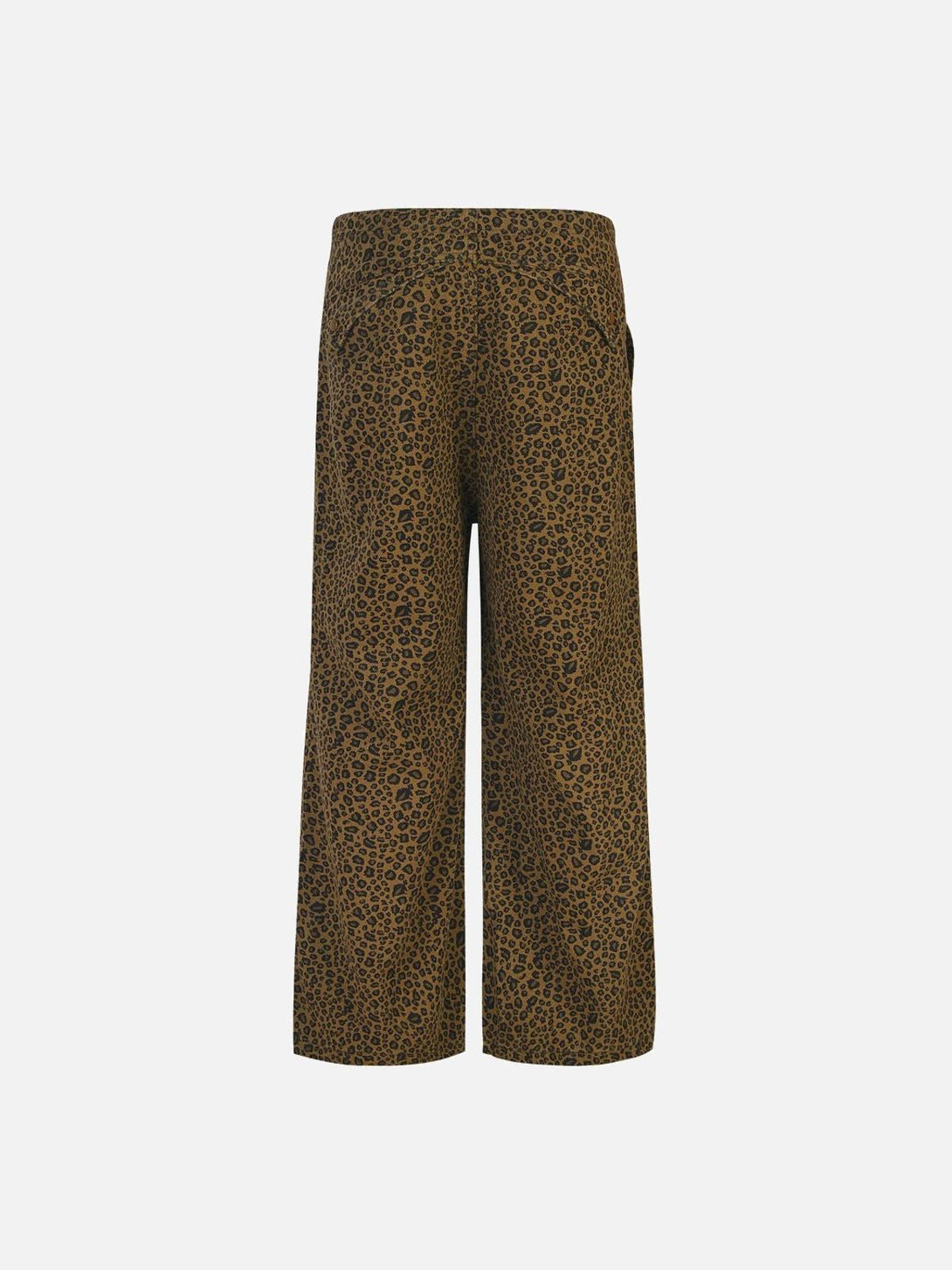Rear view of TALISHKO leopard print drawstring cargo pants showcasing the wide-leg style.
