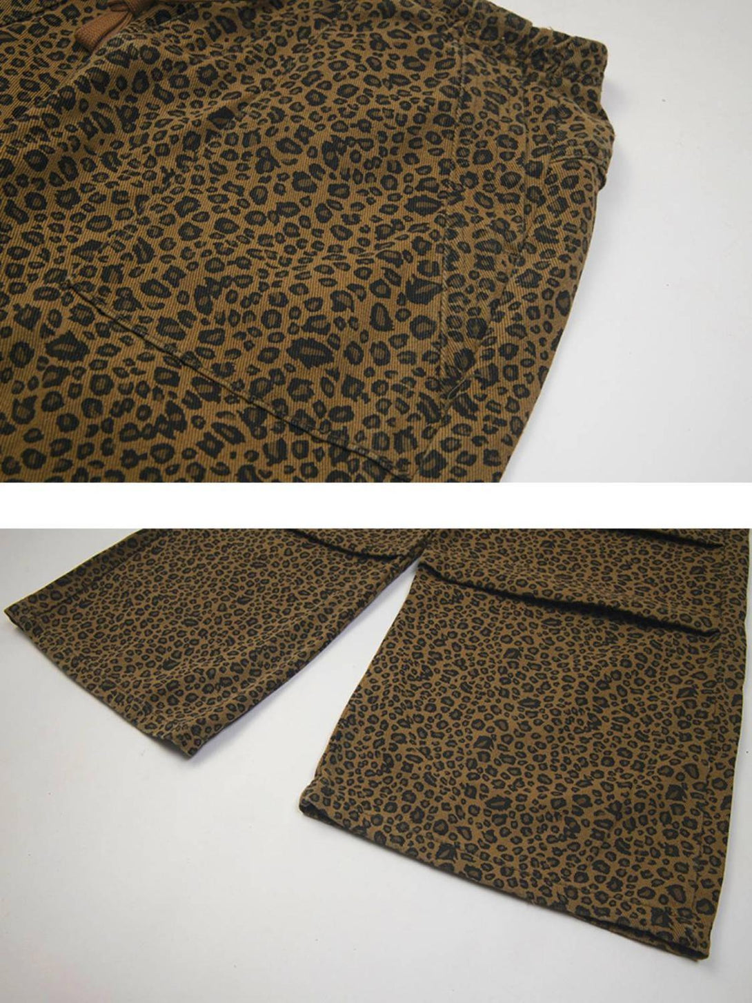 A detailed view of TALISHKO leopard print cargo pants, showcasing the bold pattern and texture.