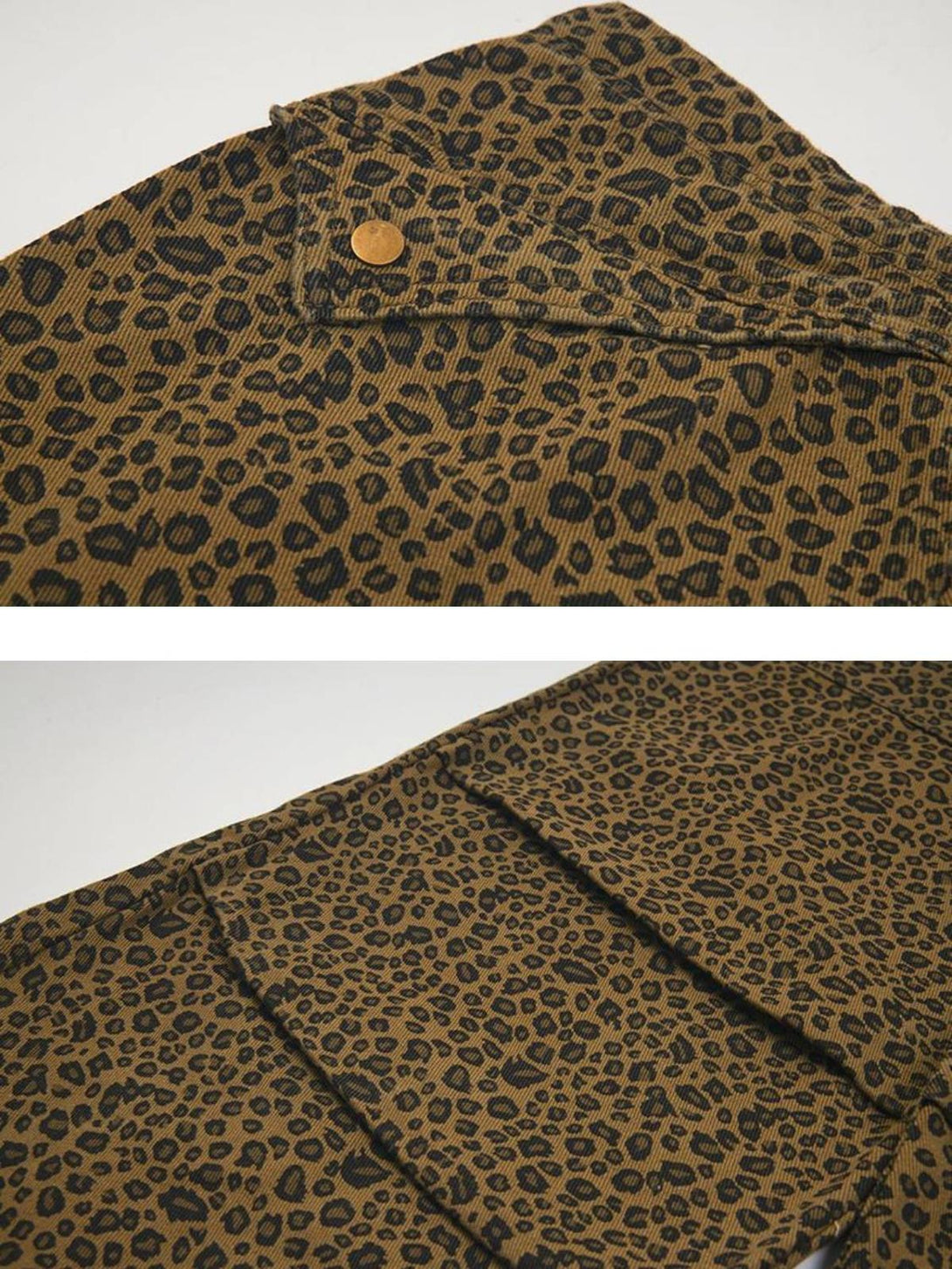 Intricate look at TALISHKO leopard print fabric, highlighting the detailed texture and pattern.