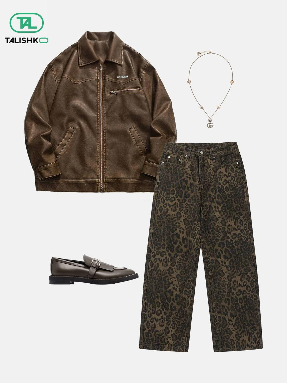 Chic ensemble featuring TALISHKO's brown jacket, leopard print jeans, loafers, and necklace.
