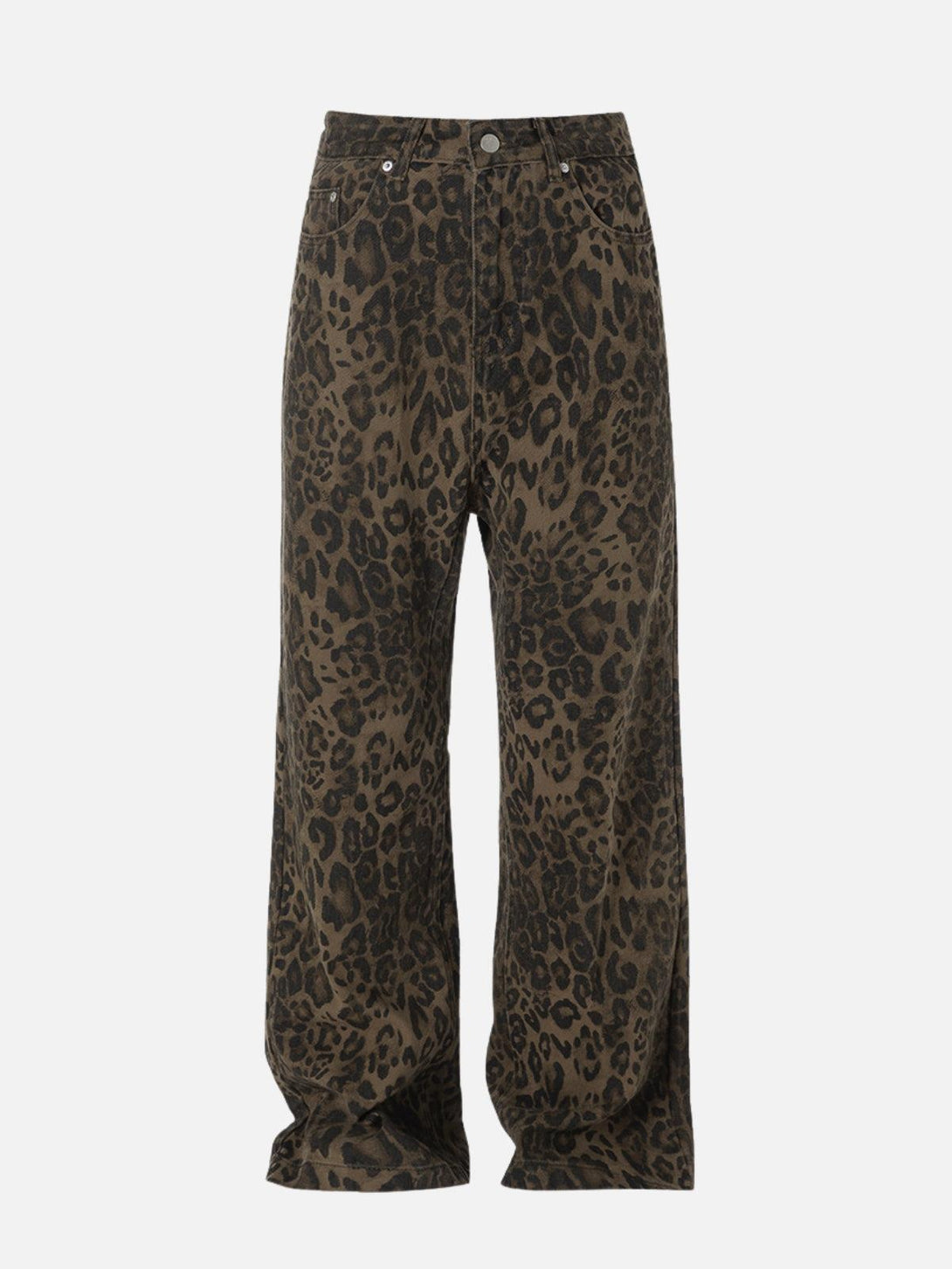 TALISHKO wide-leg jeans featuring a bold leopard print, showcasing a stylish front view.