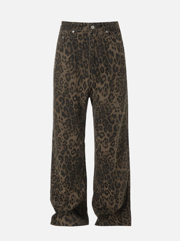 TALISHKO wide-leg jeans featuring a bold leopard print, showcasing a stylish front view.