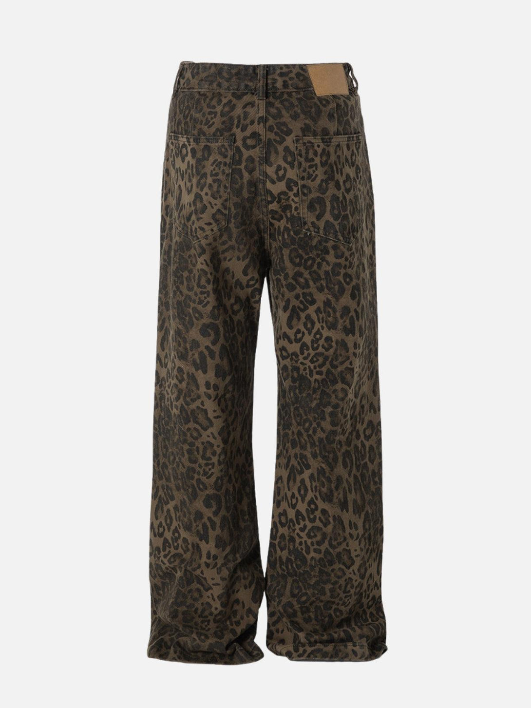 Back view of TALISHKO leopard print jeans, highlighting their chic wide-leg design.