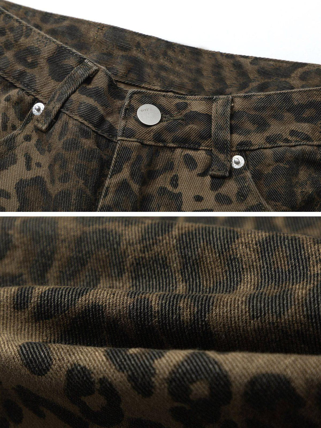 Intricate look at TALISHKO leopard print jeans, highlighting detailed fabric and stitching.
