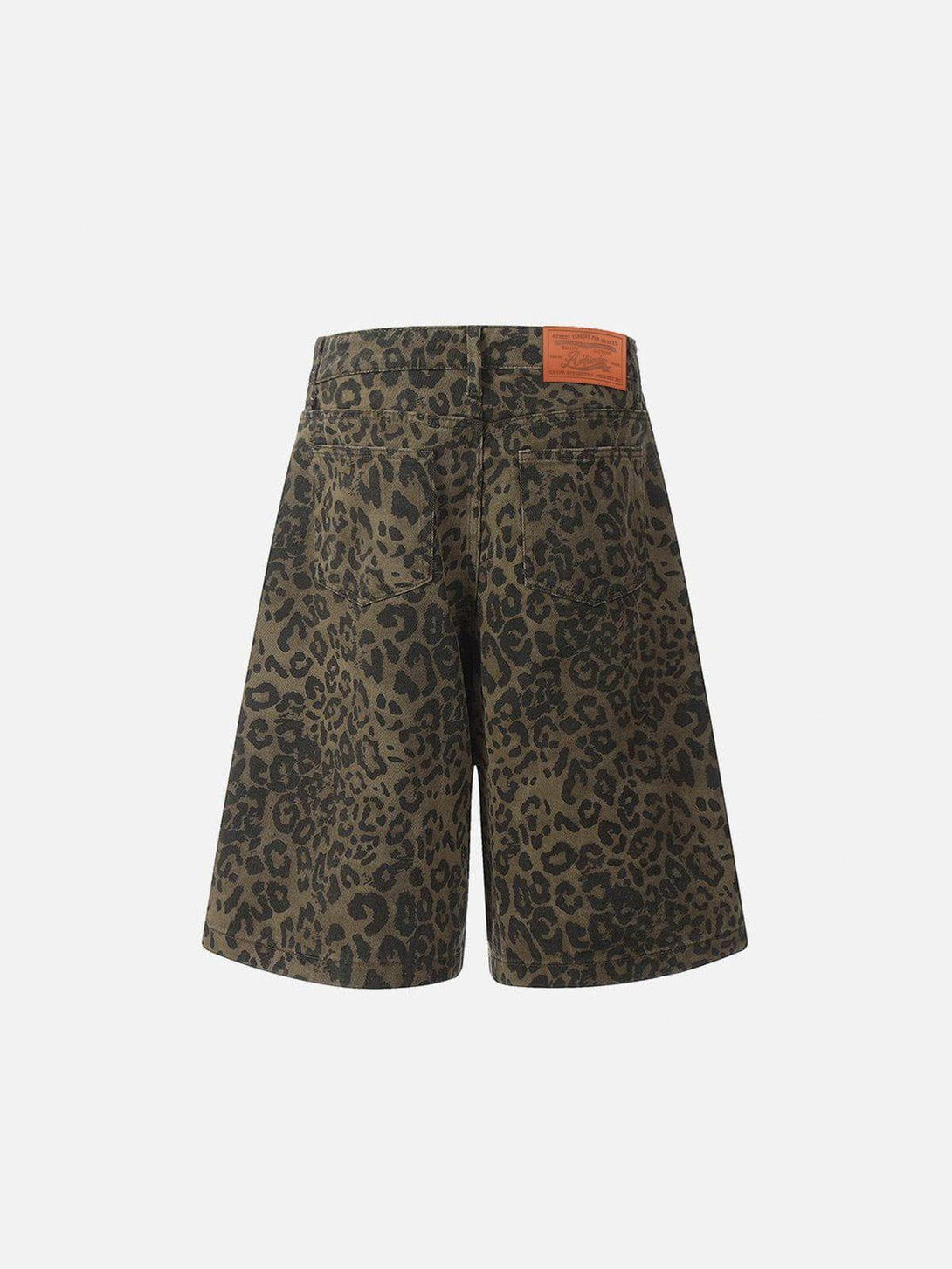 Back view of TALISHKO leopard print jorts, highlighting their bold pattern and casual fit.