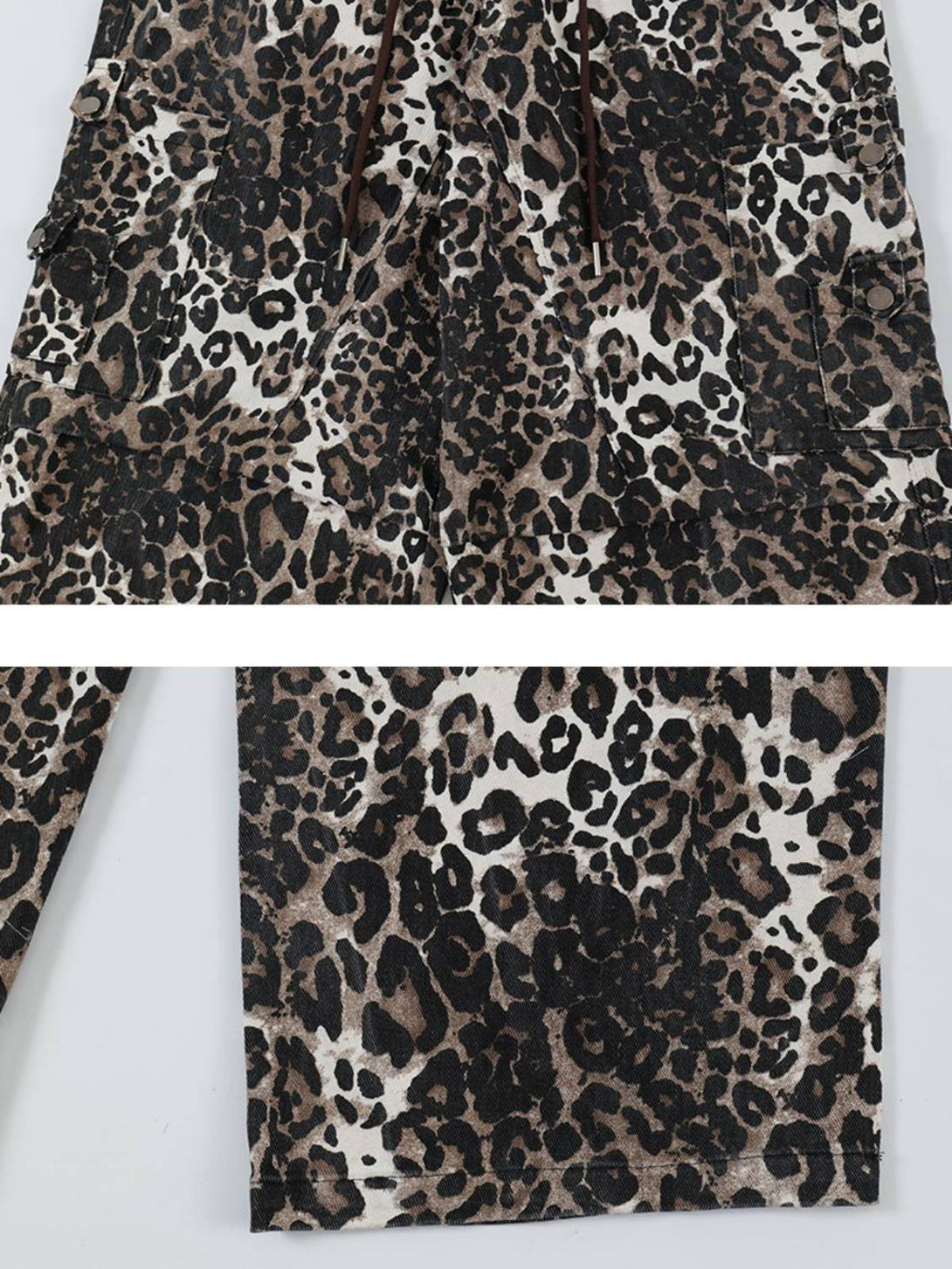 TALISHKO leopard print drawstring pants, focusing on the intricate and bold fabric details.