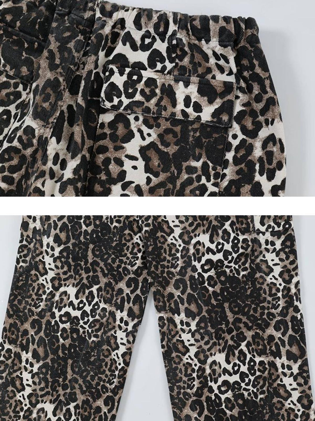 A detailed view of TALISHKO leopard print pants, highlighting the bold and stylish pattern.