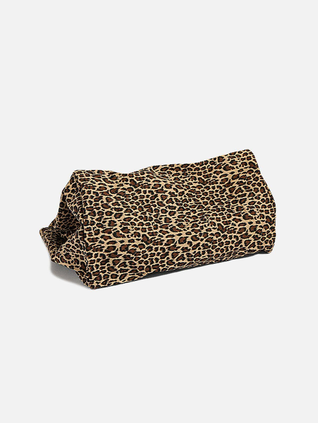 A folded leopard print tote bag by TALISHKO, highlighting its bold, stylish pattern.