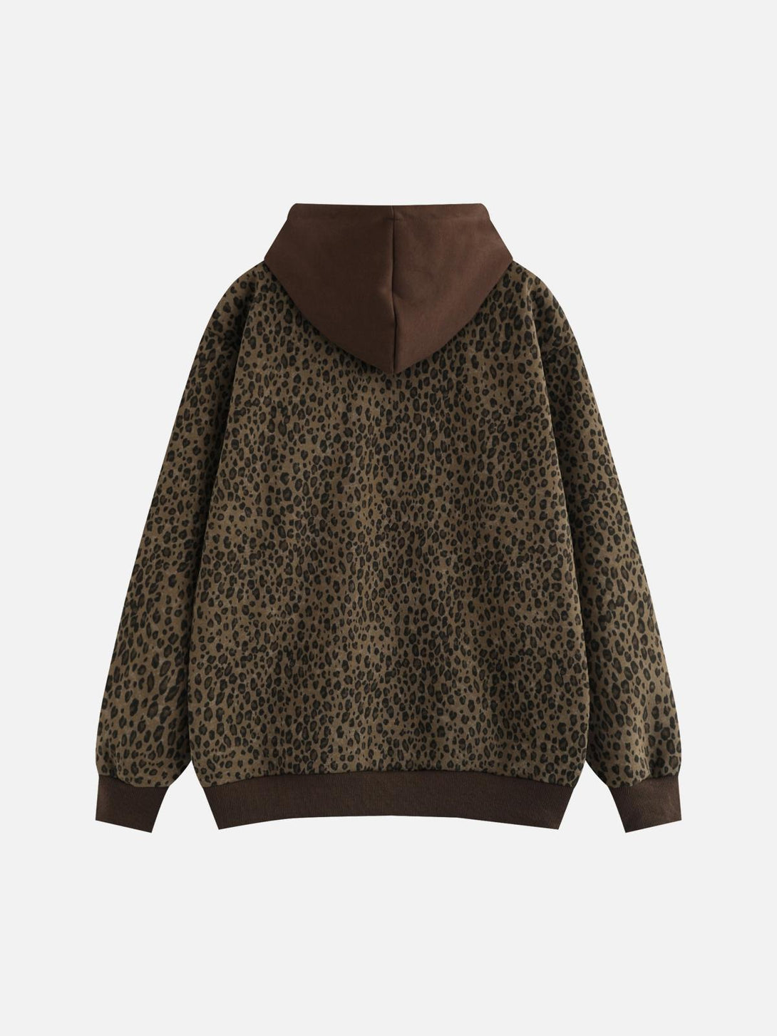 Back view of TALISHKO leopard print hoodie, featuring a cozy brown hood and patterned fabric.