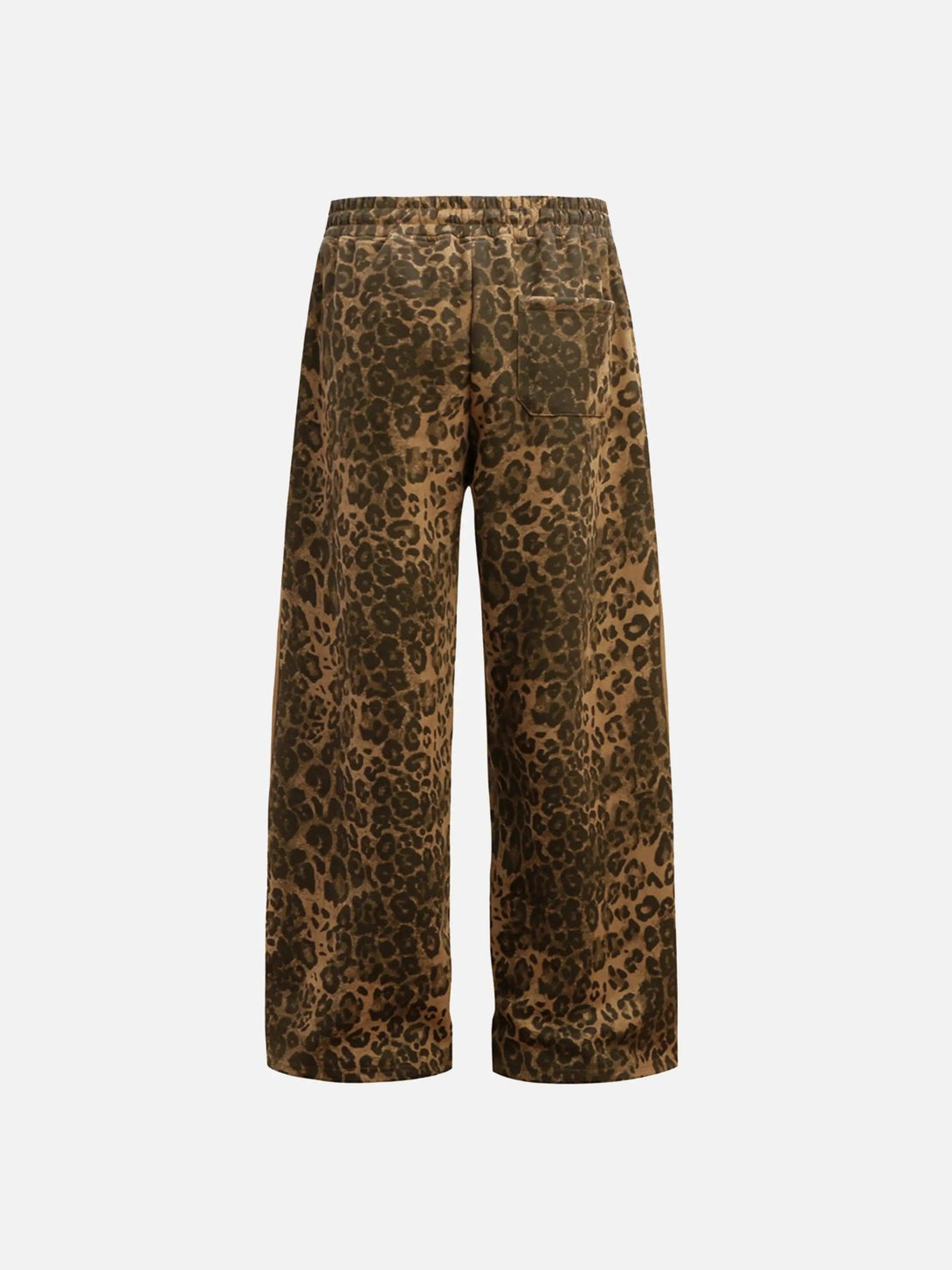 Back view of TALISHKO leopard print sweatpants showcasing bold and trendy style.