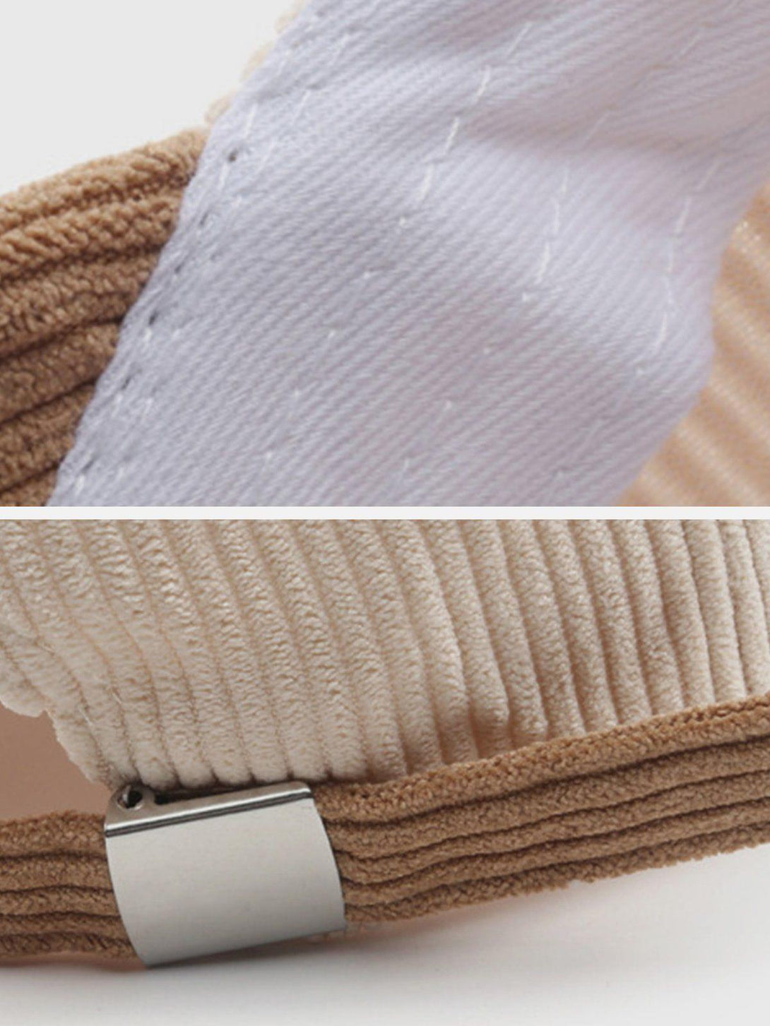 Detailed look at TALISHKO's ribbed texture and stitching on a beige patchwork hat.