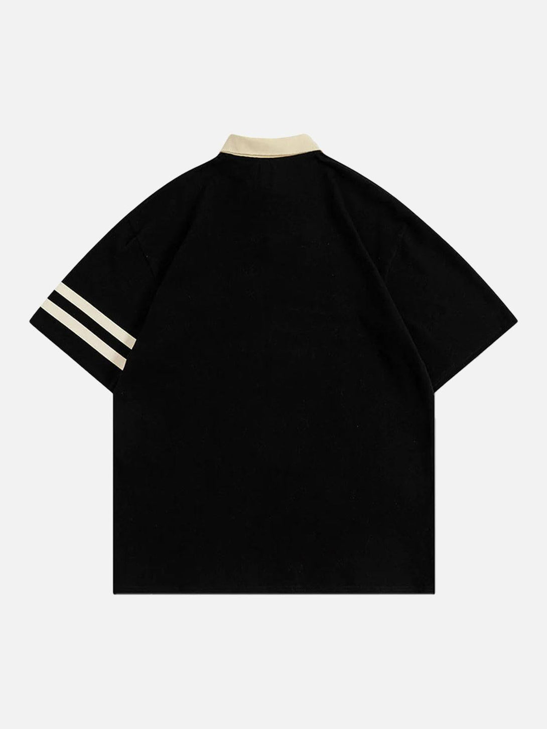 Back view of black polo shirt with white stripes on sleeves by TALISHKO, featuring a beige collar.